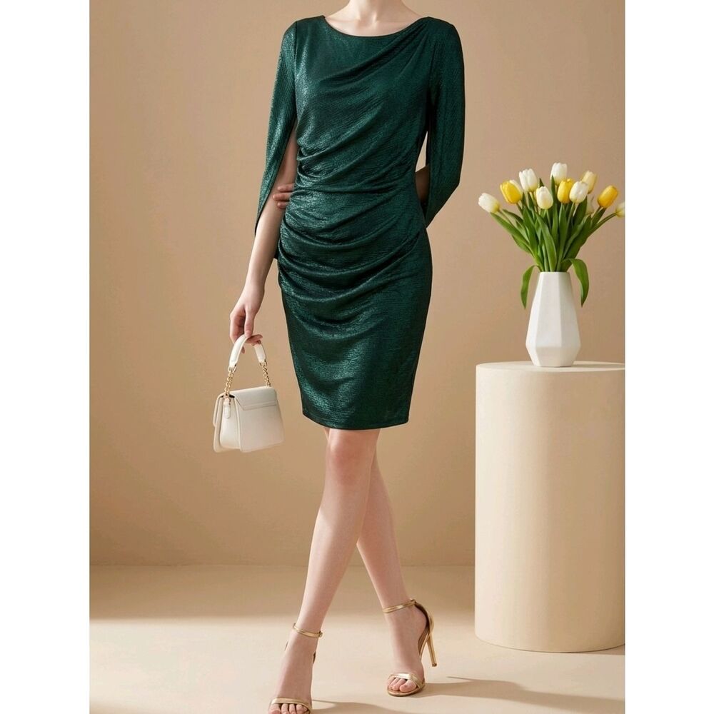 R&M Richards Emerald Green Shimmer Draped Mini Dress